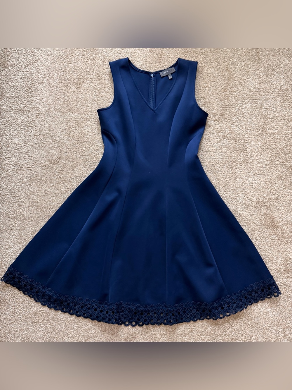 Donna Ricco Navy V-Neck A-Line Dress with Lace Hem - Picture 3 of 9